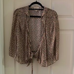 Sezane Tan and Cream Tie-Front Blouse 3/4 Sleeve Relaxed
